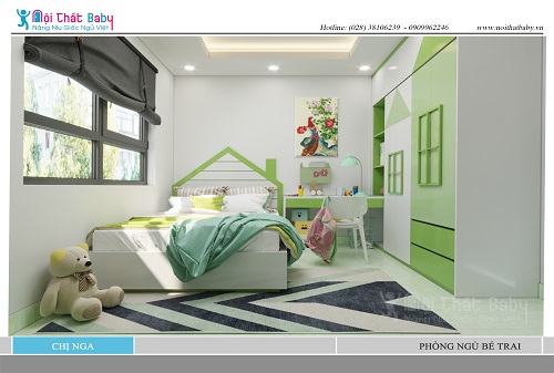 Thiết kế phòng ngủ bé trai màu xanh lá cây tươi mát